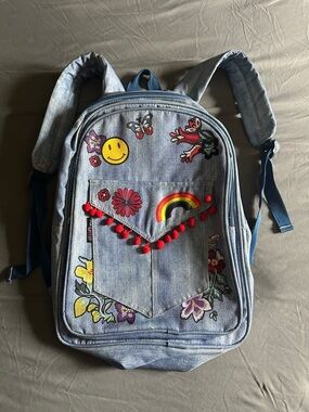 dELiA*s Denim Kids Backpack with Rainbow, Floral Patches & Red Pom Trim - Blue